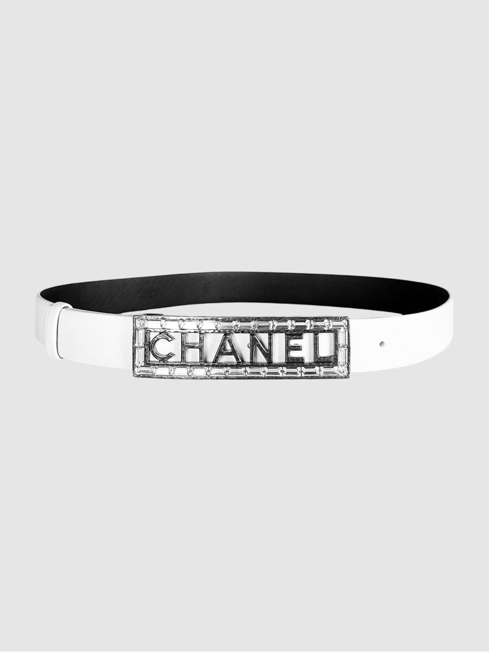 CHANEL Crystal Leather Belt with Silver Logo Plaque Size 75